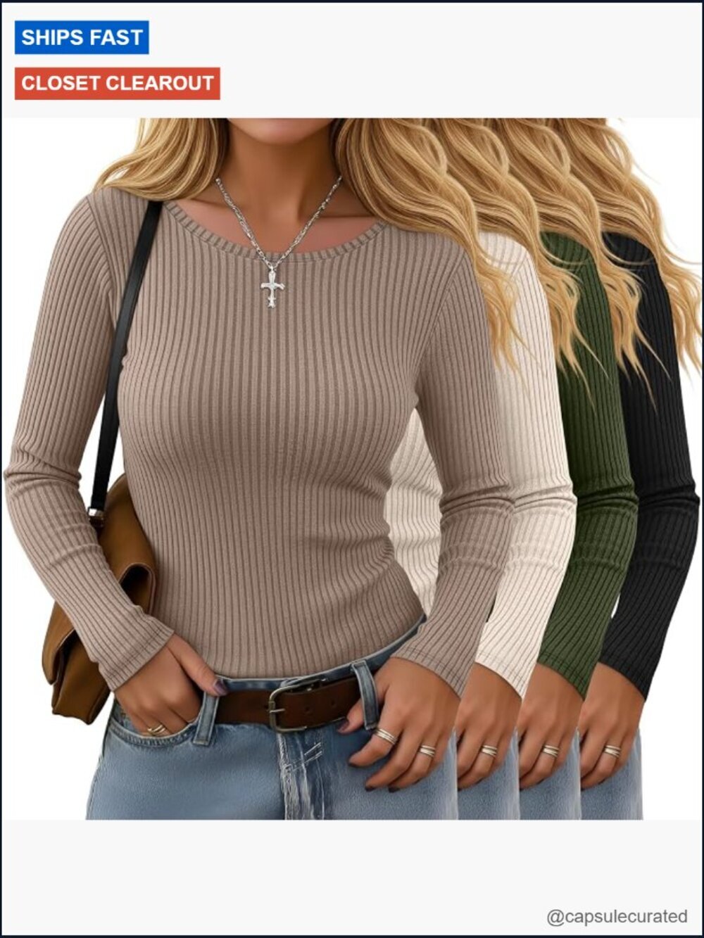 4 Pack Long Sleeve Crew Neck Ribbed Stretch Tees Slim Fit Casual Undershirts